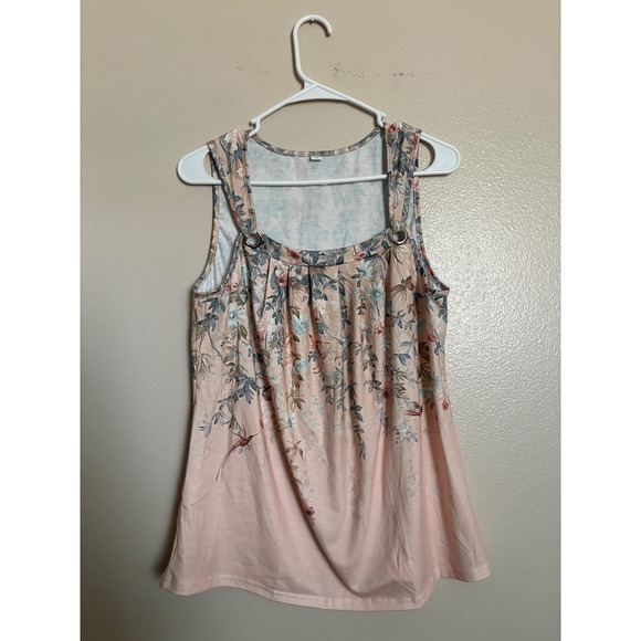 Tops - Women's Floral Bird Print Sleeveless Tank Top Peach Pink Pleated Ring Medium